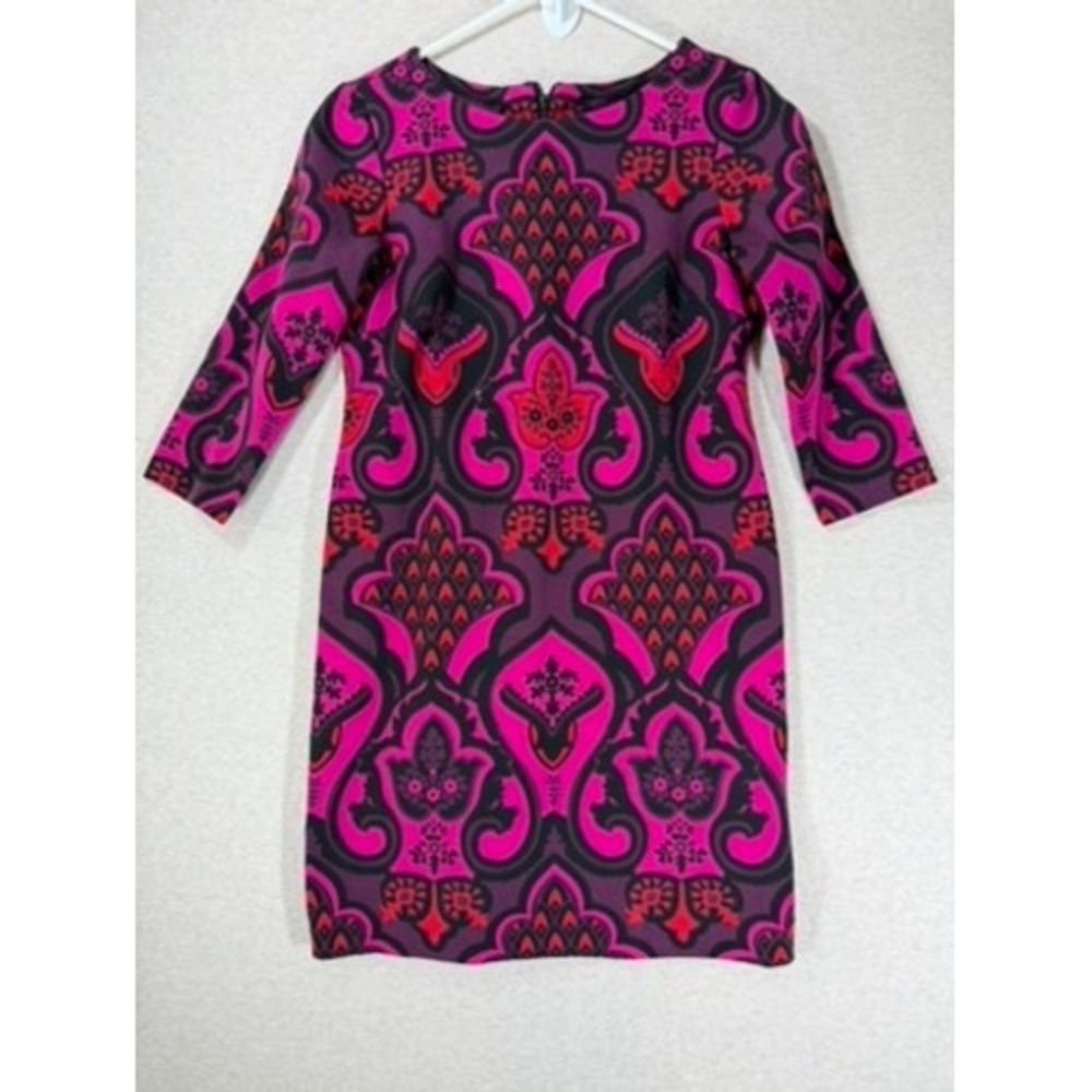 Just Taylor Sheath Dress Women 4P Fuchsia Purple Excellent Mod Damask 3/4 Sleeve